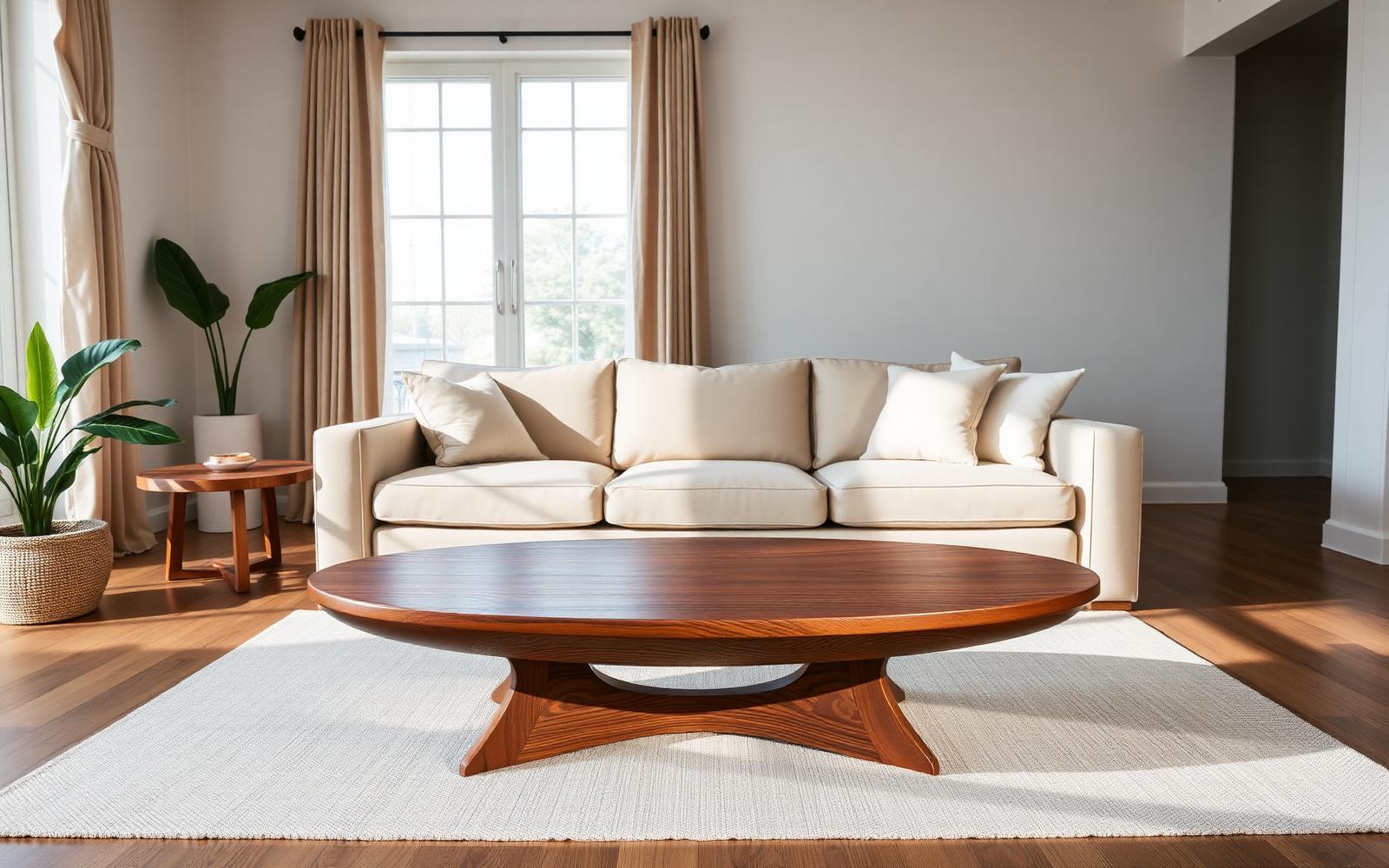 Ovale salontafel met houten poten in een lichte woonkamer naast een driezitsbank