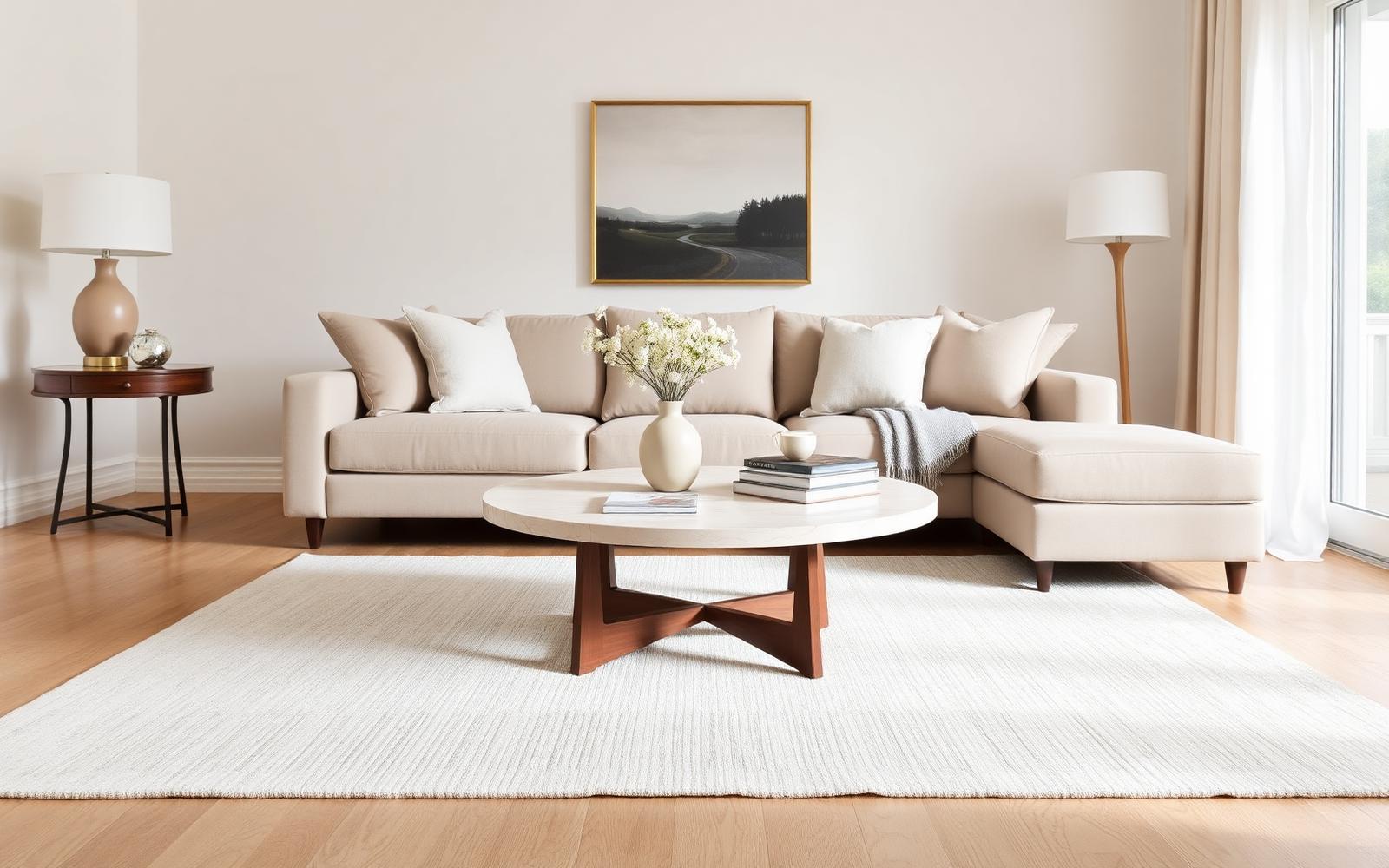 Ronde salontafel met travertin look op een licht vloerkleed