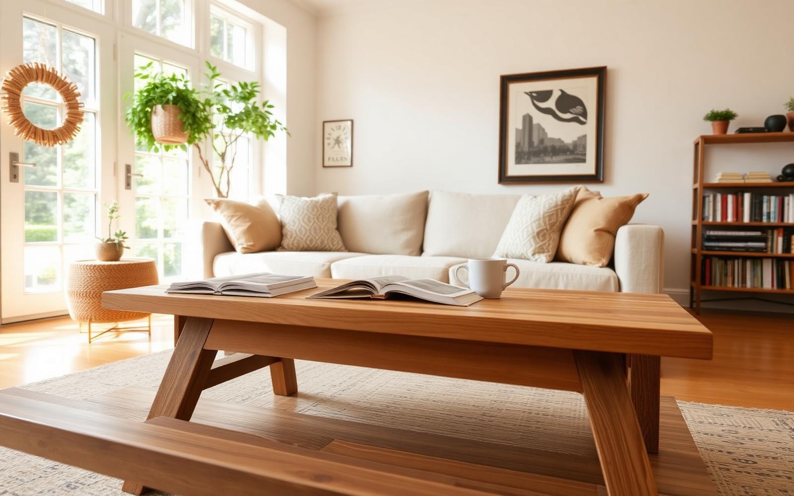 Houten salontafel in een lichte woonkamer met boeken en een kop koffie