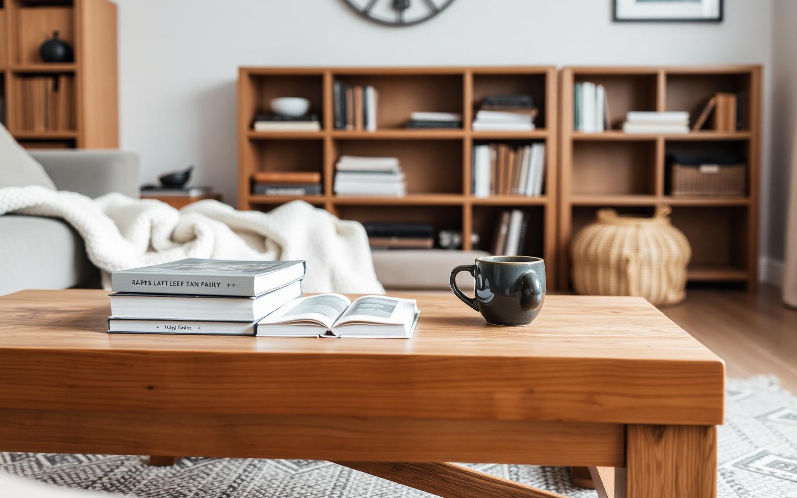 Houten salontafel met zichtbare nerf in een lichte woonkamer