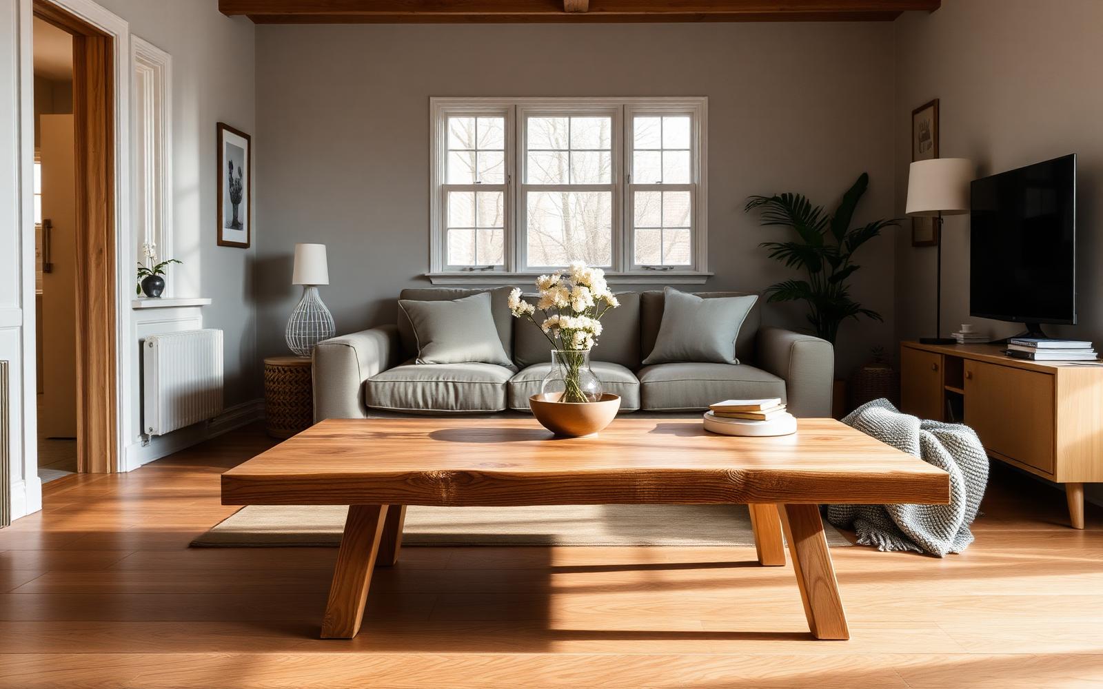 Salontafel van mangohout met zwart metalen onderstel in een lichte woonkamer