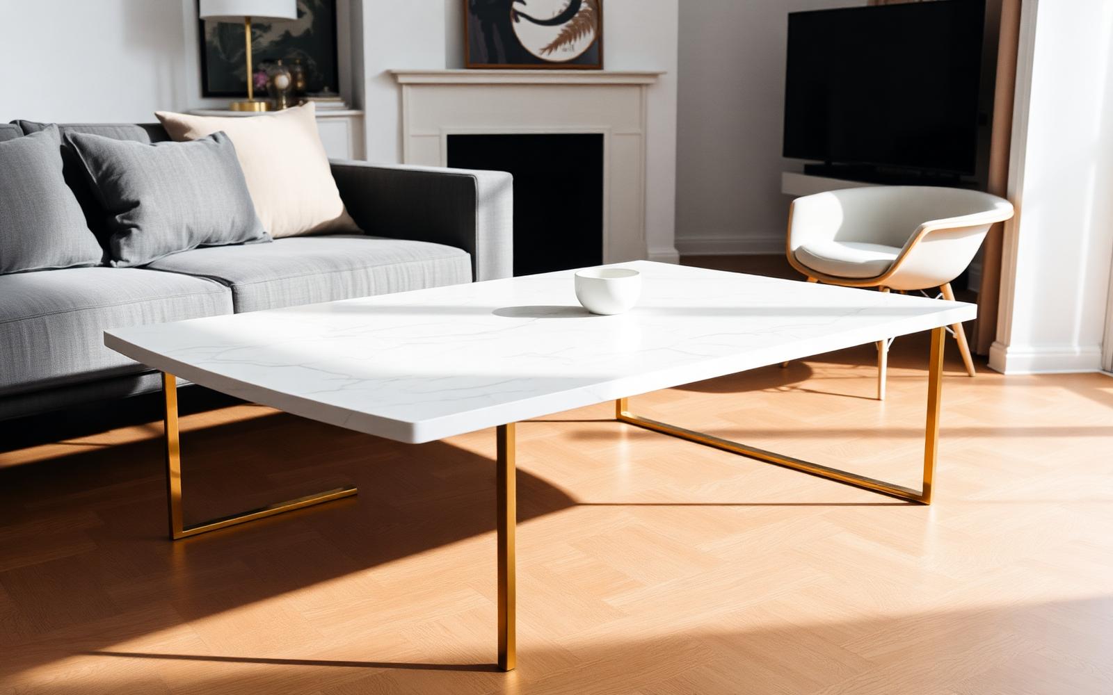 Salontafel met marmeren tafelblad en slanke metalen poten in een lichte woonkamer