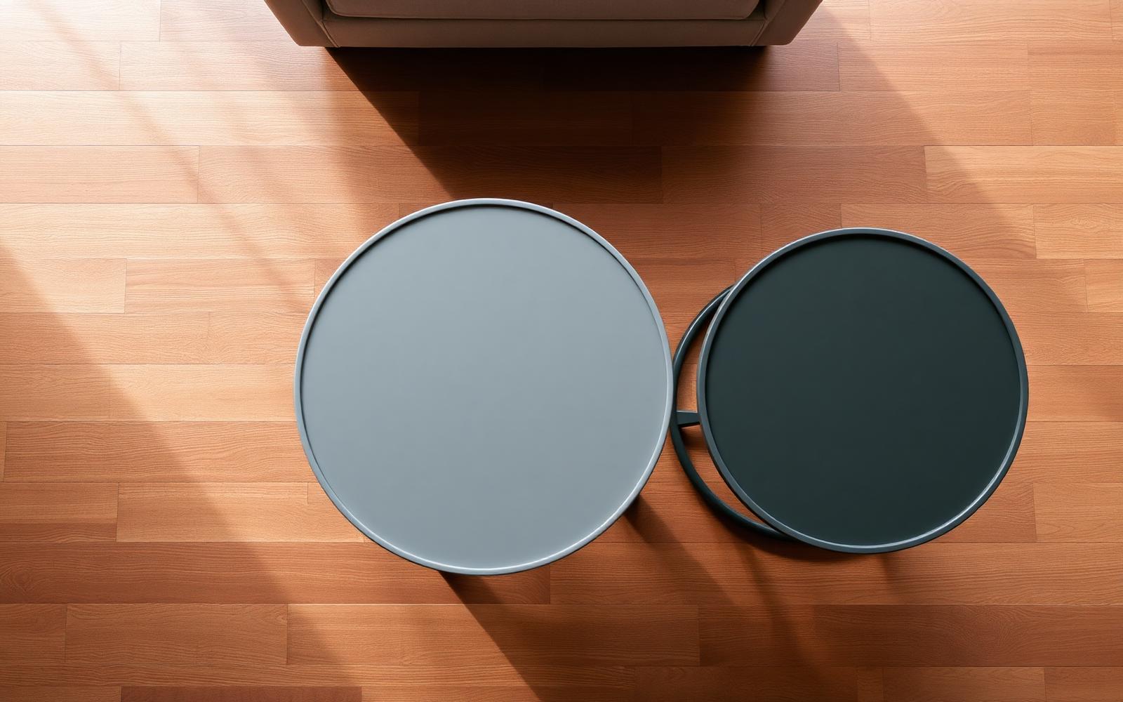 Set van twee ronde salontafels van bovenaf op een houten vloer