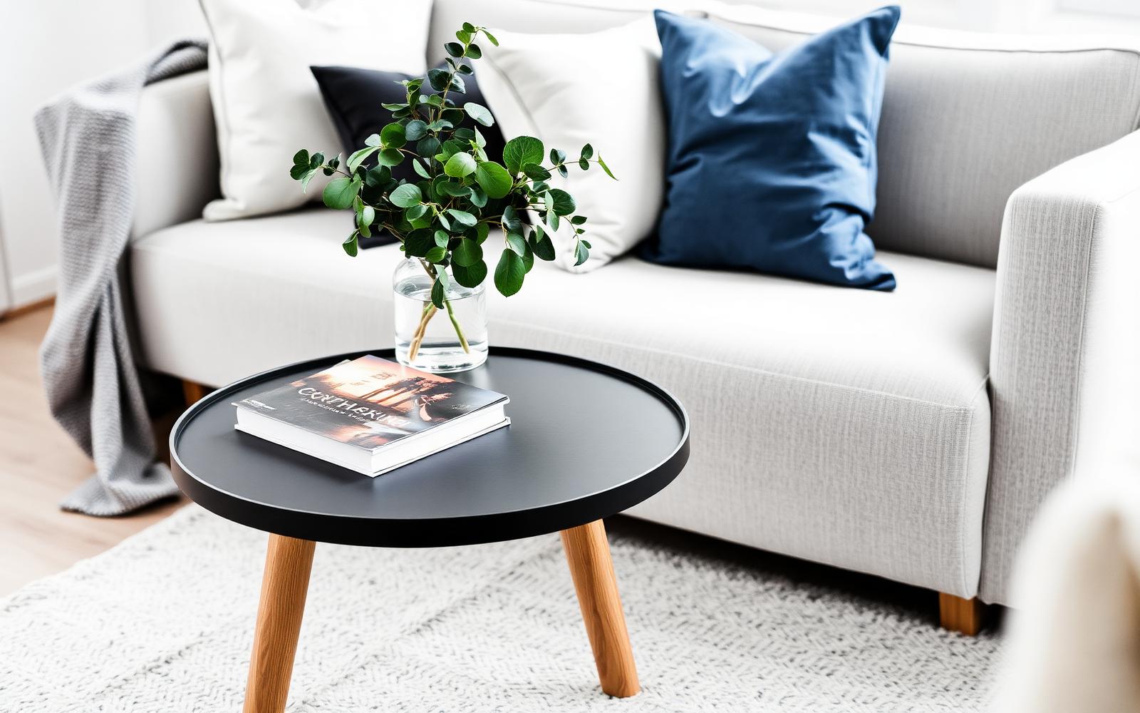 Zwarte ronde salontafel naast een lichtgrijze bank