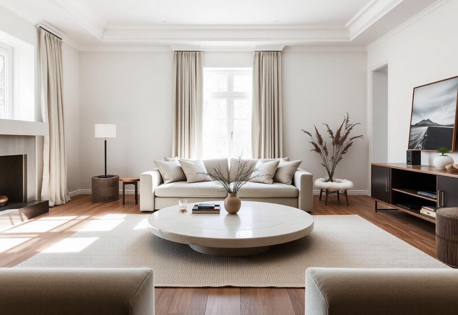 Ronde salontafel van natuursteen in een lichte moderne woonkamer